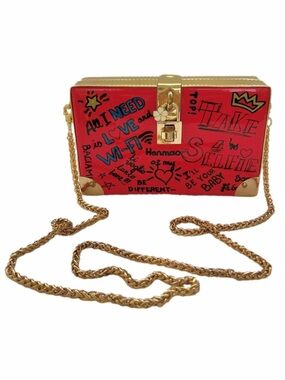 Hanmao Red Gold Graffiti Print Clutch Crossbody Bag Hardshell Rectangular Body